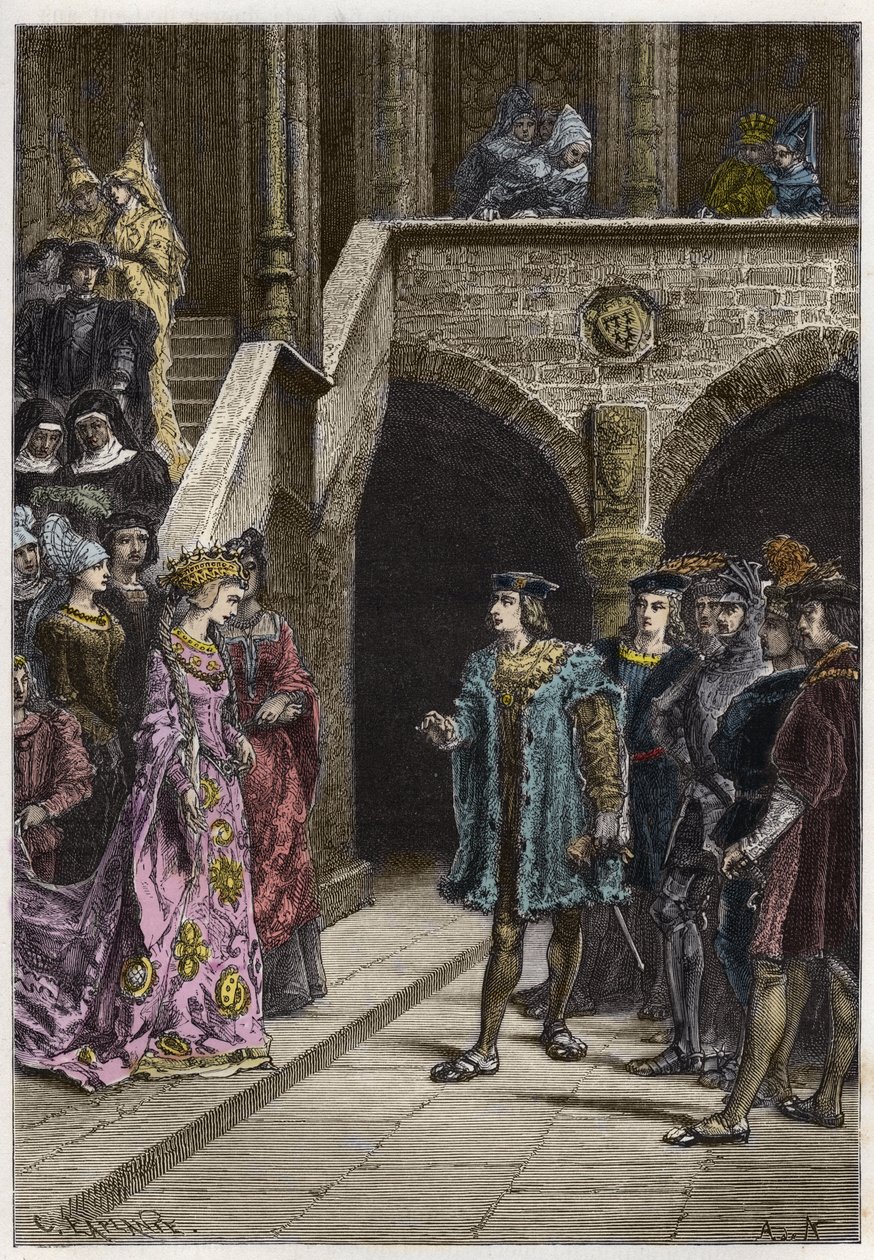 Charles VIII og Anne af Bretagne - Møde mellem kong Charles VIII (1470-98) og Dronning Anne af Bretagne - gravering fra "" Frankrigs historie fortalt til mine børnebørn"" - af Francois Guizot - 1872-1876 af Anonymous Anonymous