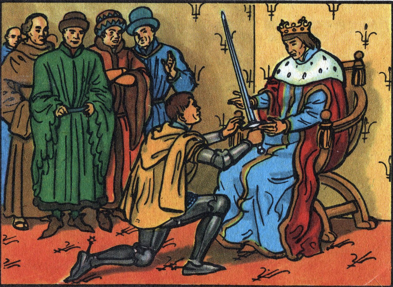 Charles V. De vise (1338-1380) overdrager højtideligt konstabelsværdet til Bertrand du Guesclin (1320-1380). Anonym illustration i ""Samling af Frankrigs suveræner og statsoverhoveder"". 20. århundrede. Privat samling. af Anonymous Anonymous