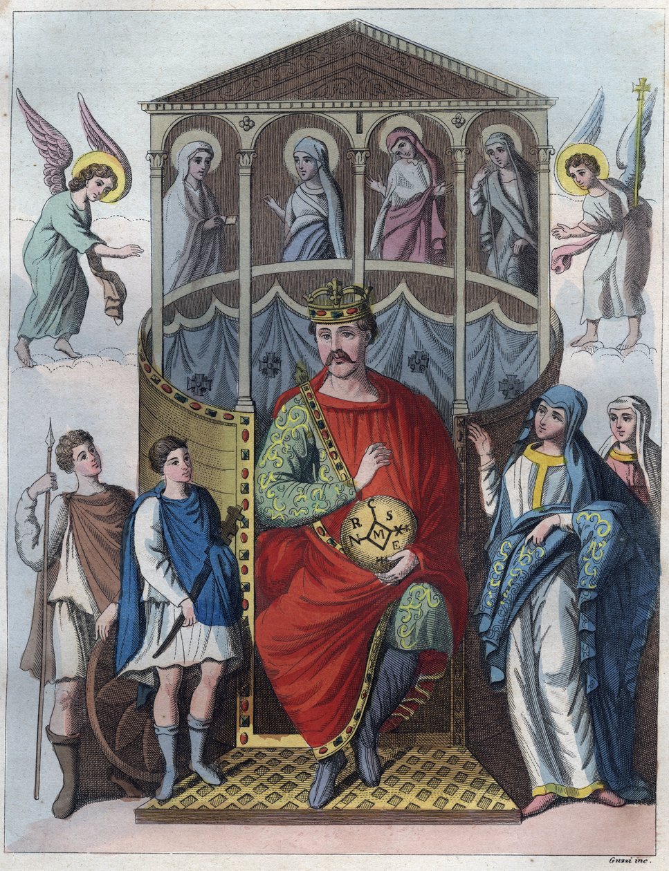 Karl den Skaldede, konge af Vestfrankien, Italien og den hellige romerske kejser, 823 - Portræt af Karl II den Skaldede (823 - 877), konge af Frankrig, gravering fra "" Skikke og skikke for alle universets folk. Det er historien om regeringen, lovene, mili af Anonymous Anonymous
