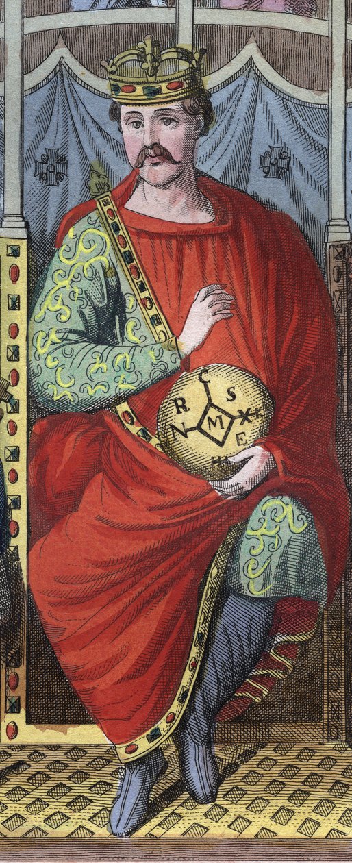 Karl den Skaldede, konge af Vestfrankien, Italien og den hellige romerske kejser, 823 - Portræt af Karl II den Skaldede (823 - 877), konge af Frankrig, gravering fra "" Skikke og skikke for alle universets folk. Det er historien om regeringen, lovene, mili af Anonymous Anonymous