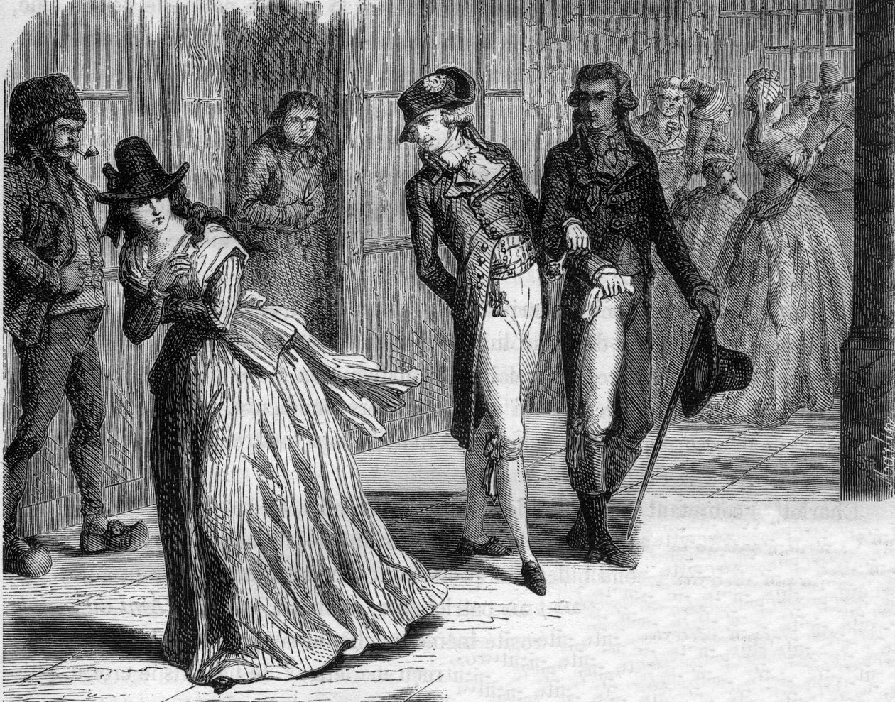 Charlotte Corday hos knivmageren Badin, under arkaderne i Palais-Royal i 1793 - Indgravering i "Histoire des Girondins"" af Alphonse de Lamartine (1790-1869) 1865-1866 - Privat samling af Anonymous Anonymous