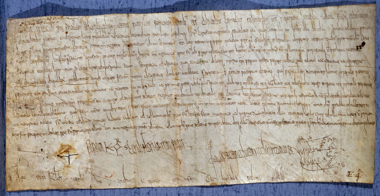 Charter for kong Karl den Store (Karl I, Karl den Store eller Carolus Magnus) (742-814), der fritager klosteret Saint Denis for vejafgifter under messen. Slutningen af det 8. århundrede. Paris, Nationalarkivet af Anonymous Anonymous