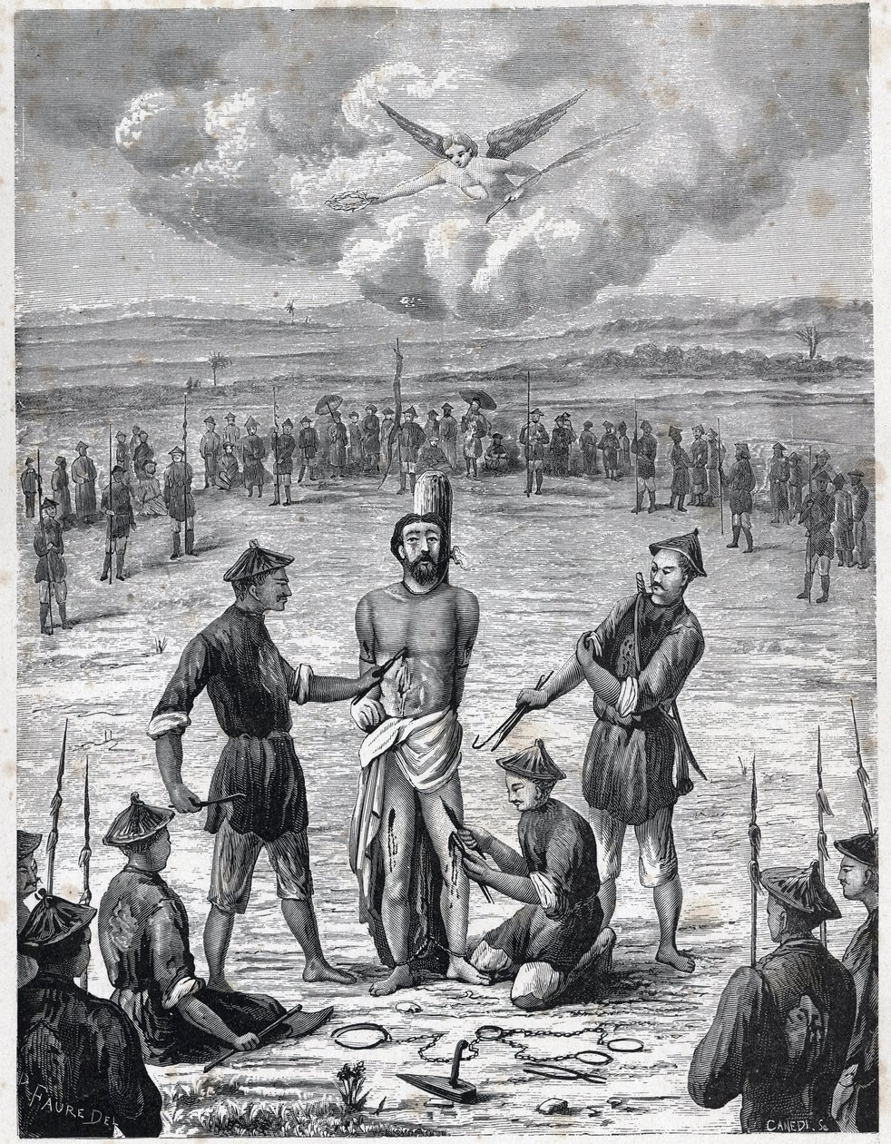 Kristenforfølgelse: den franske missionærpræst Joseph Marchand led "pine af de hundrede sår" i Cochinchina den 30. november 1835. Indgravering i "Les Missions Catholiques au XIXeme Siecle"" af Louis-Eugene (Louis Eugene) Louvet. privat co af Anonymous Anonymous
