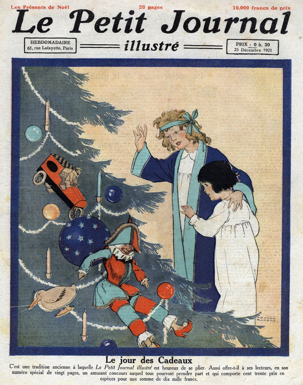 Julefest: børn opdager gaver ved foden af juletræet. Illustration taget fra “” Le petit journal”” fra 25/12/1921 Samling privee af Anonymous Anonymous