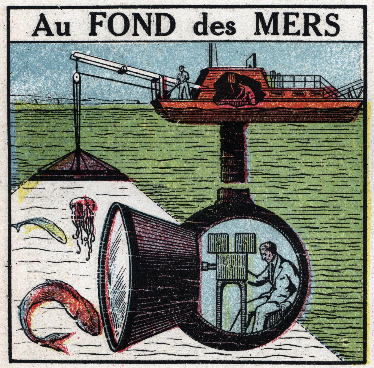 Kinematograf: optagelse af en film på bunden af havene. Anonym illustration fra 1925. Privat samling. af Anonymous Anonymous