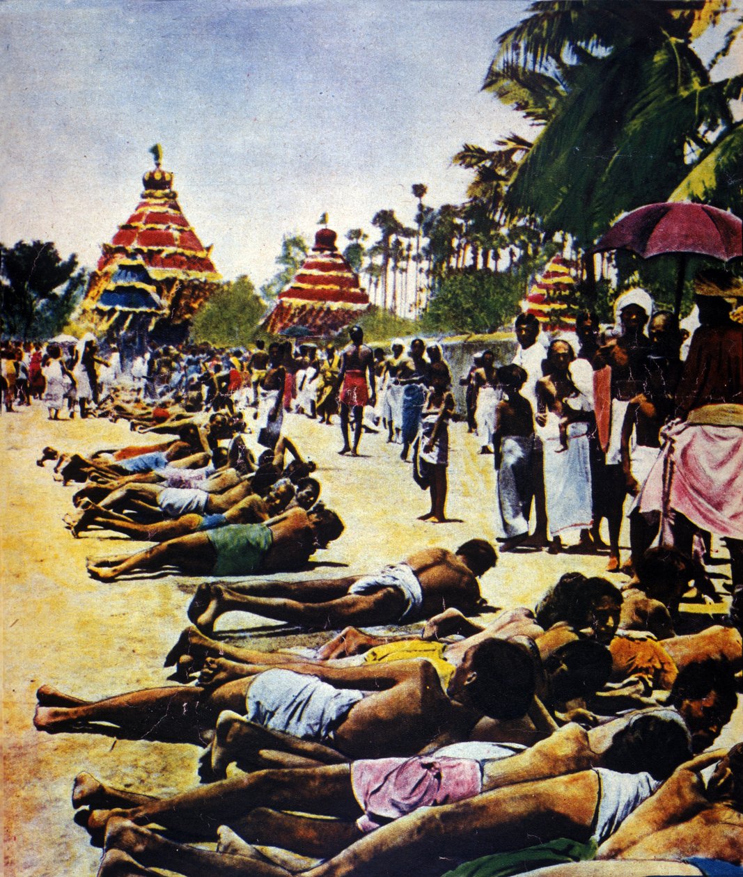 Civil ulydighedsuge i Indien mod det britiske imperium: demonstration ledet af den politiske leder Mohandas Karamchand Gandhi (1869-1948) i Jalaipur i 1931. Illustration fra "" Il mattino illustrato"" 1931 af Anonymous Anonymous