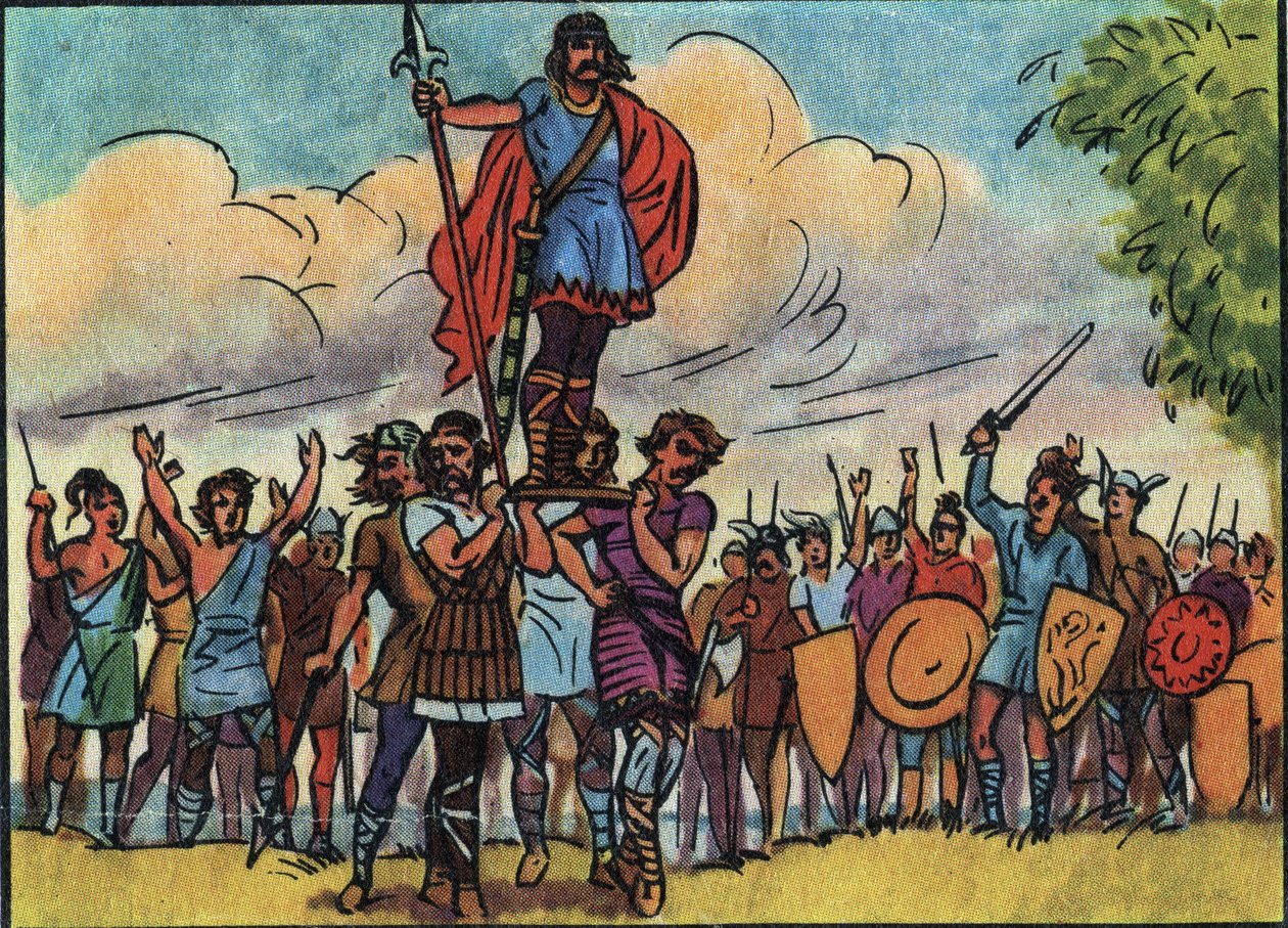 Clovis (konge af francerne fra 481 til 511) blev valgt til konge af salianerne, som bar ham på bolværket (skjoldet), mens de rejste rundt i lejren. Anonym illustration i "" Collection des souverains et chefs d