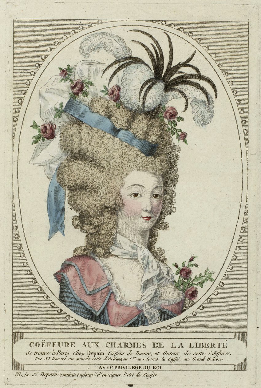 Coiffure Aux Charmes De La Liberte, Anonym. Kobberstik, akvarel, ca. 1790, Privat Samling af Anonymous Anonymous