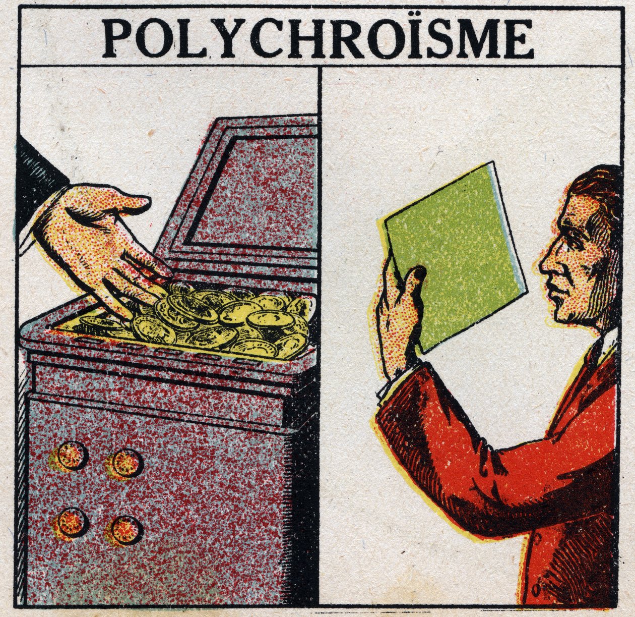 Farver: polykroisme. Guldmønter er gule, men tyndtlagsguld er grøn i farven. Anonym illustration fra 1925. Privat samling. af Anonymous Anonymous