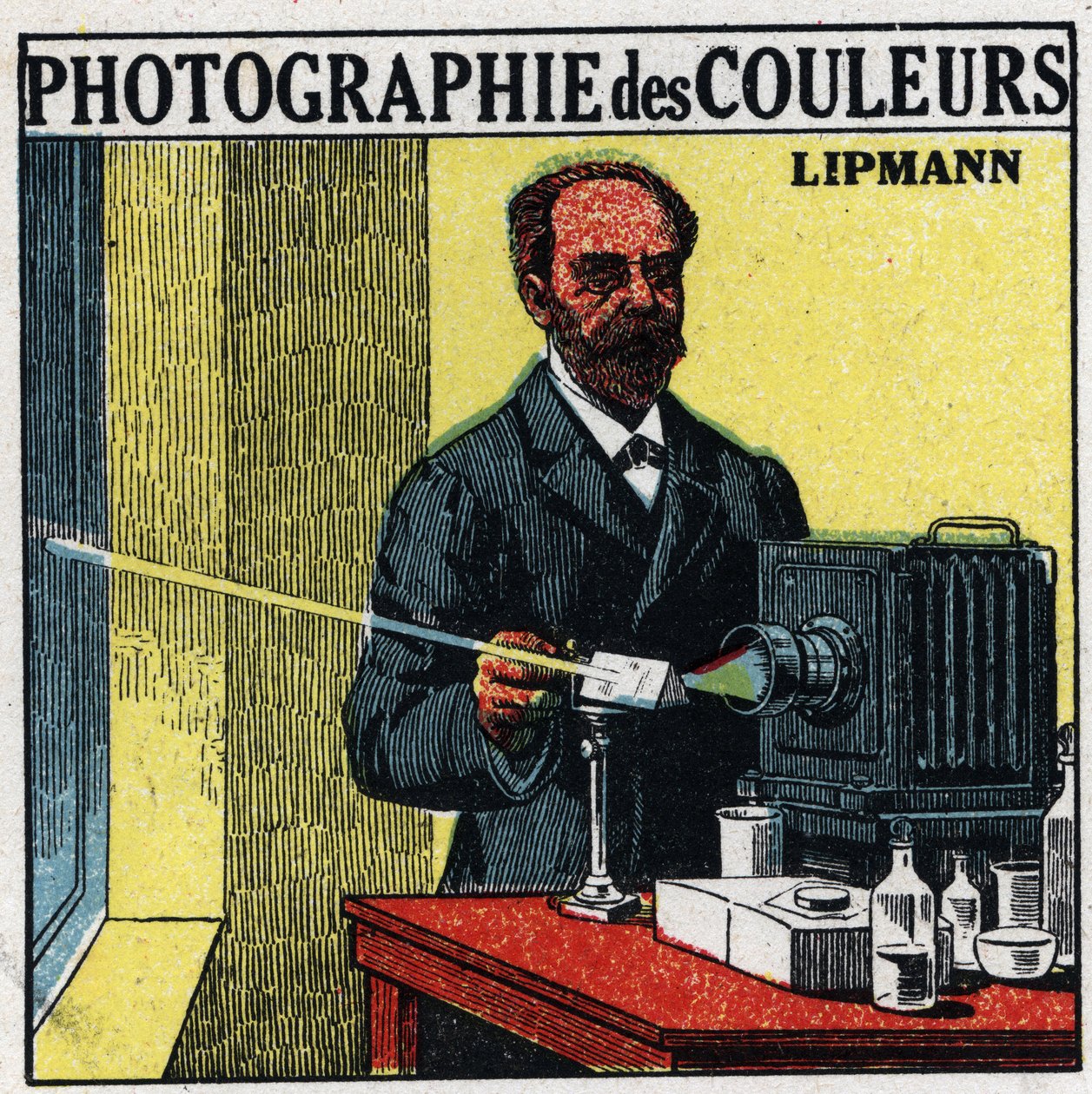 Farvefotografering: processen opfundet af Gabriel Lippmann (1845-1921) i 1891. Anonym illustration fra 1925. Privat samling. af Anonymous Anonymous