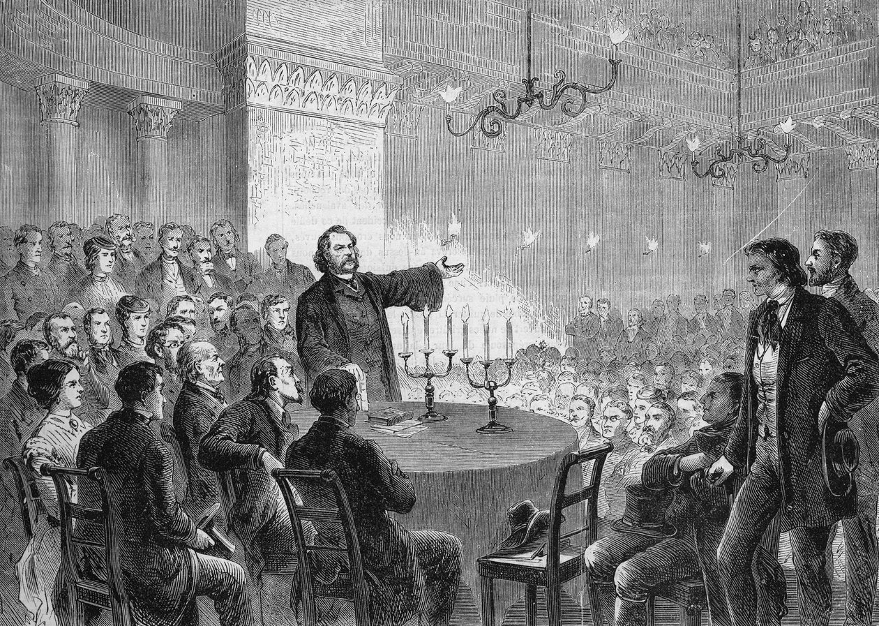 Konference af reformator Johannes (Jean) Ronge (1813-1887) i Wien i 1868. Han grundlagde den universelle kristne kirke. stik af 1868. Privat samling. af Anonymous Anonymous