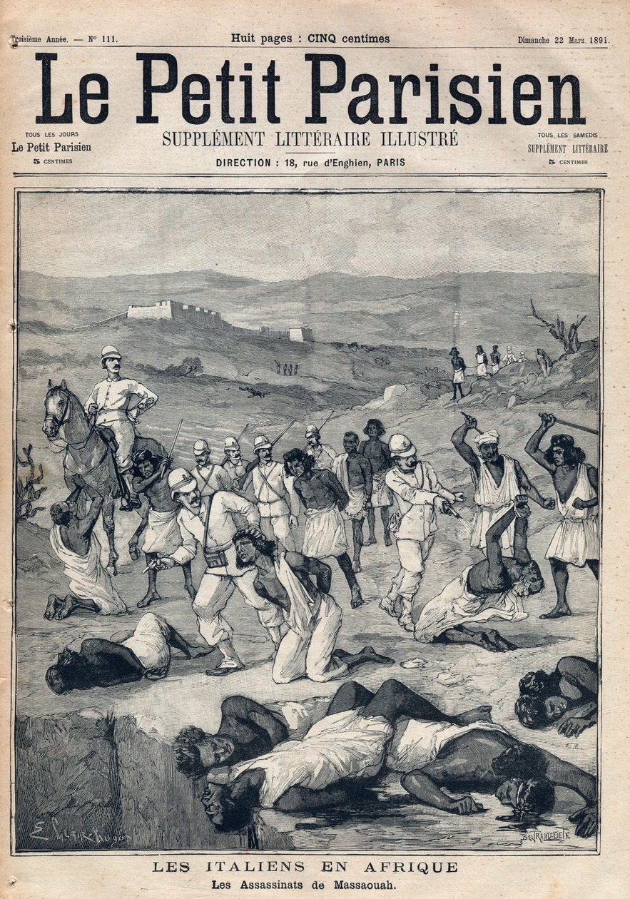 Erobre Erytreen af Italien. Mordene på Massaouah (Erythree). Indgravering i "" Le petit Parisien"" af 22-03-1891. Privat samling. af Anonymous Anonymous
