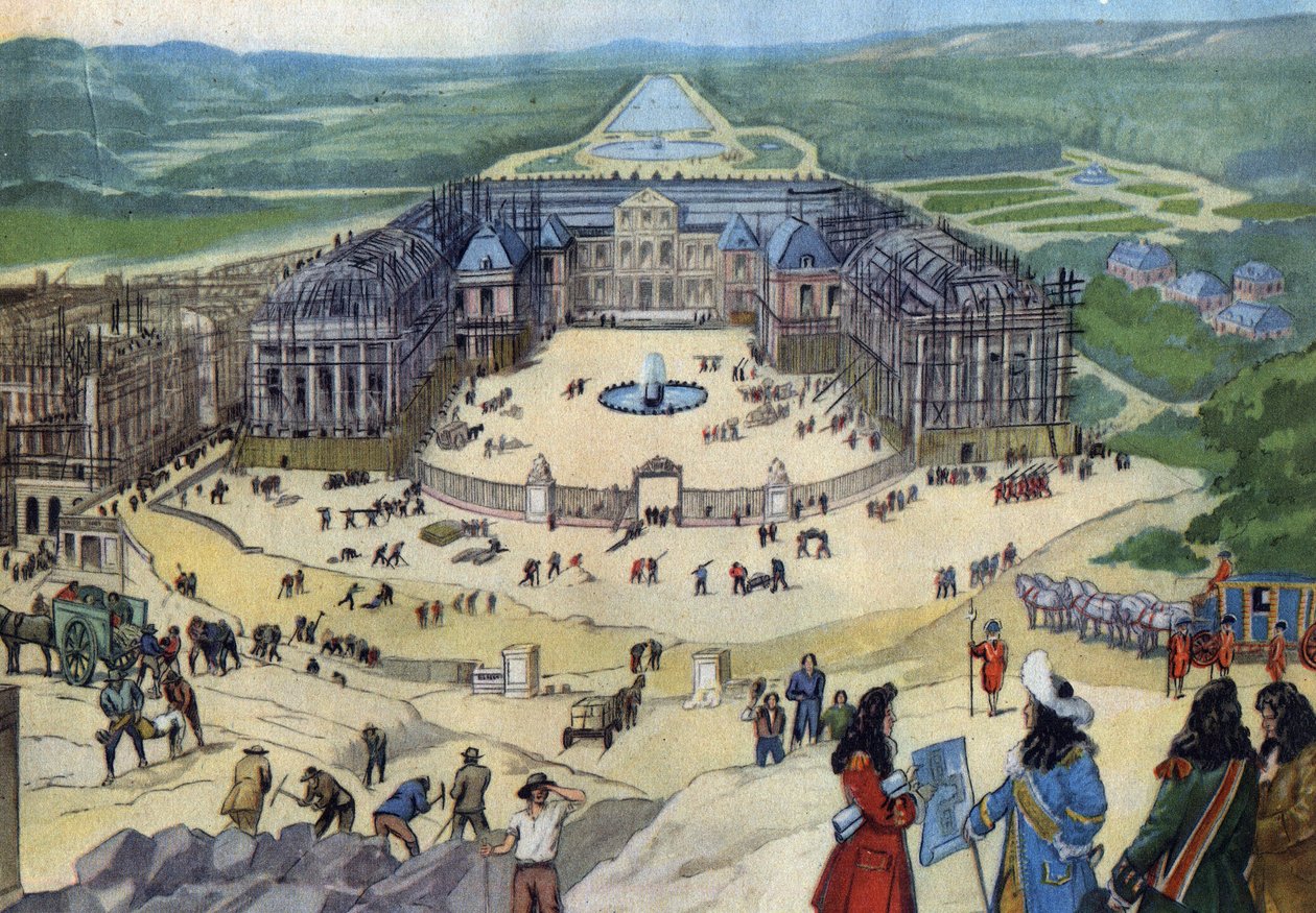 Byggeriet af slottet i Versailles i 1678 efter planerne fra Jules Hardouin Mansart i forgrunden kong Ludvig XIV. af Anonymous Anonymous
