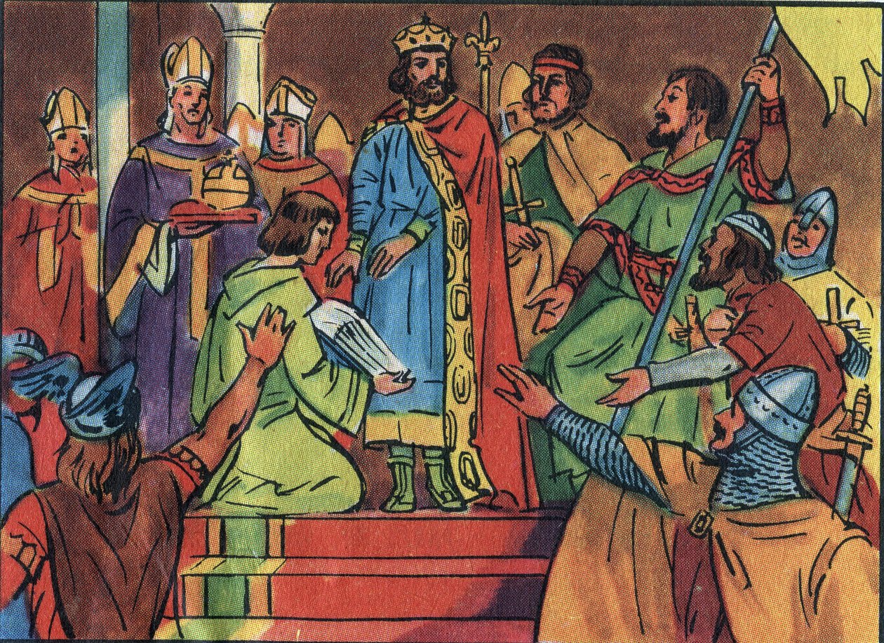 Kroningen af Hugues Capet (941-996) i Noyon i 987, af Adalberon (ca. 925-990), arkevek i Reims. Denne kroning markerede begyndelsen på Capetians dynasti, konger af Frankrig, der genvandt, enten direkte eller indirekte, i 8 år. Anonym illust af Anonymous Anonymous