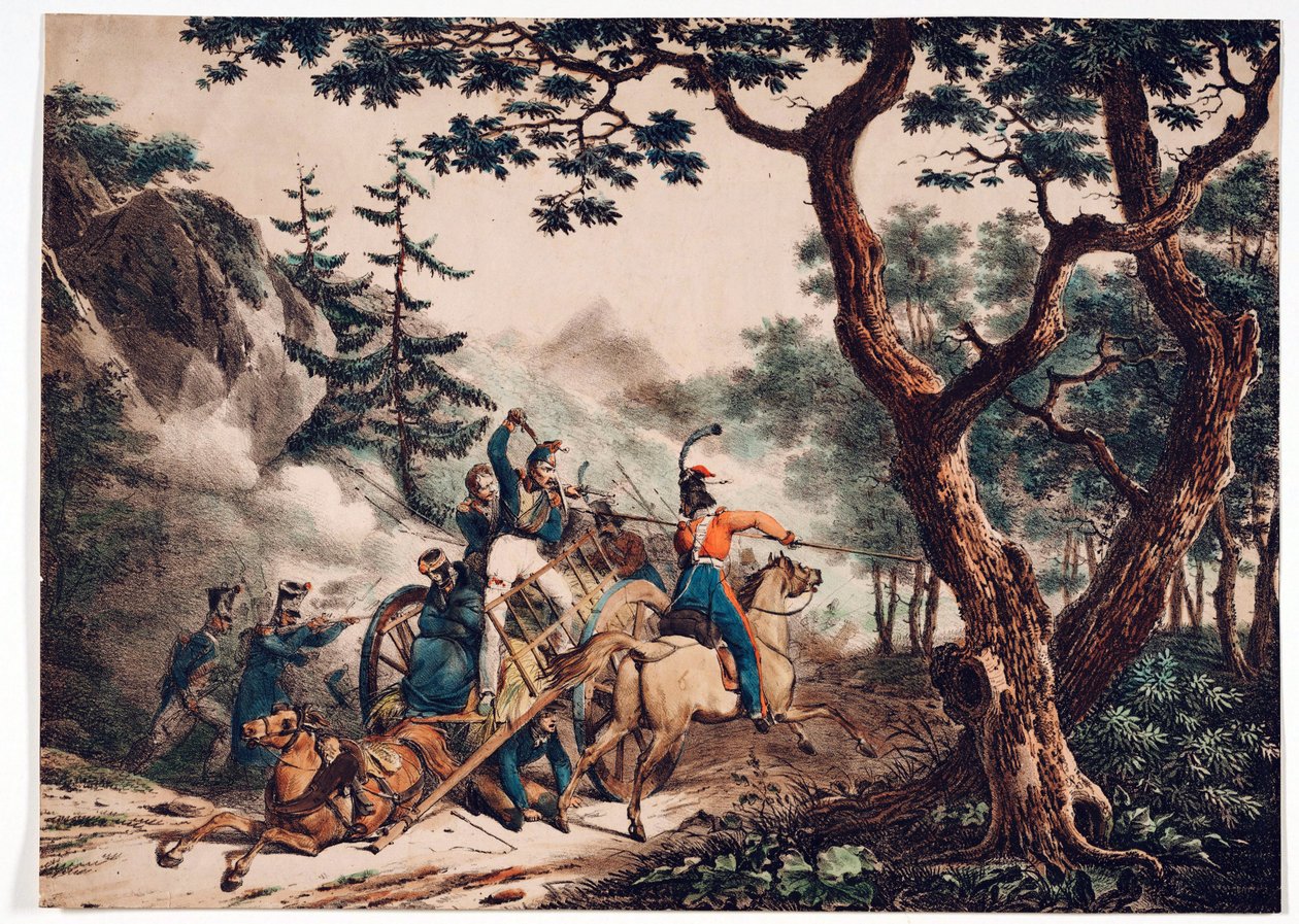 Kosakker angriber franske soldater i en skov - Anonym - 1825 - Farvelitografi - 52x72 - Privat samling af Anonymous Anonymous