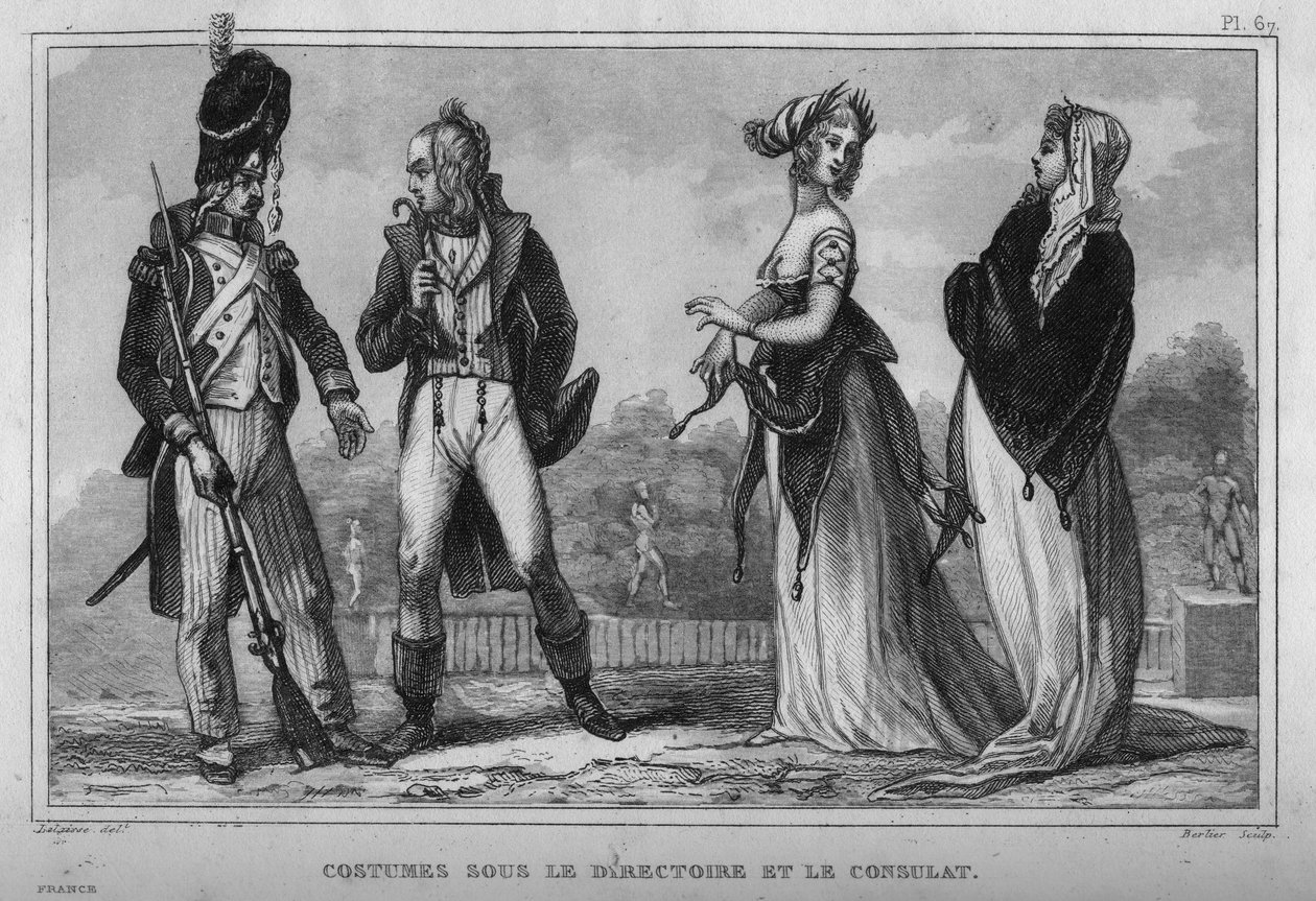 Udklædning i direktionen og konsulatet. Stik fra 1859 i "" Le Monde. Alle folkeslags historie fra de fjerneste tider til i dag”. af M. E. de Lostalot-Bachoue (Lostalot Bachoue). Privat samling. af Anonymous Anonymous
