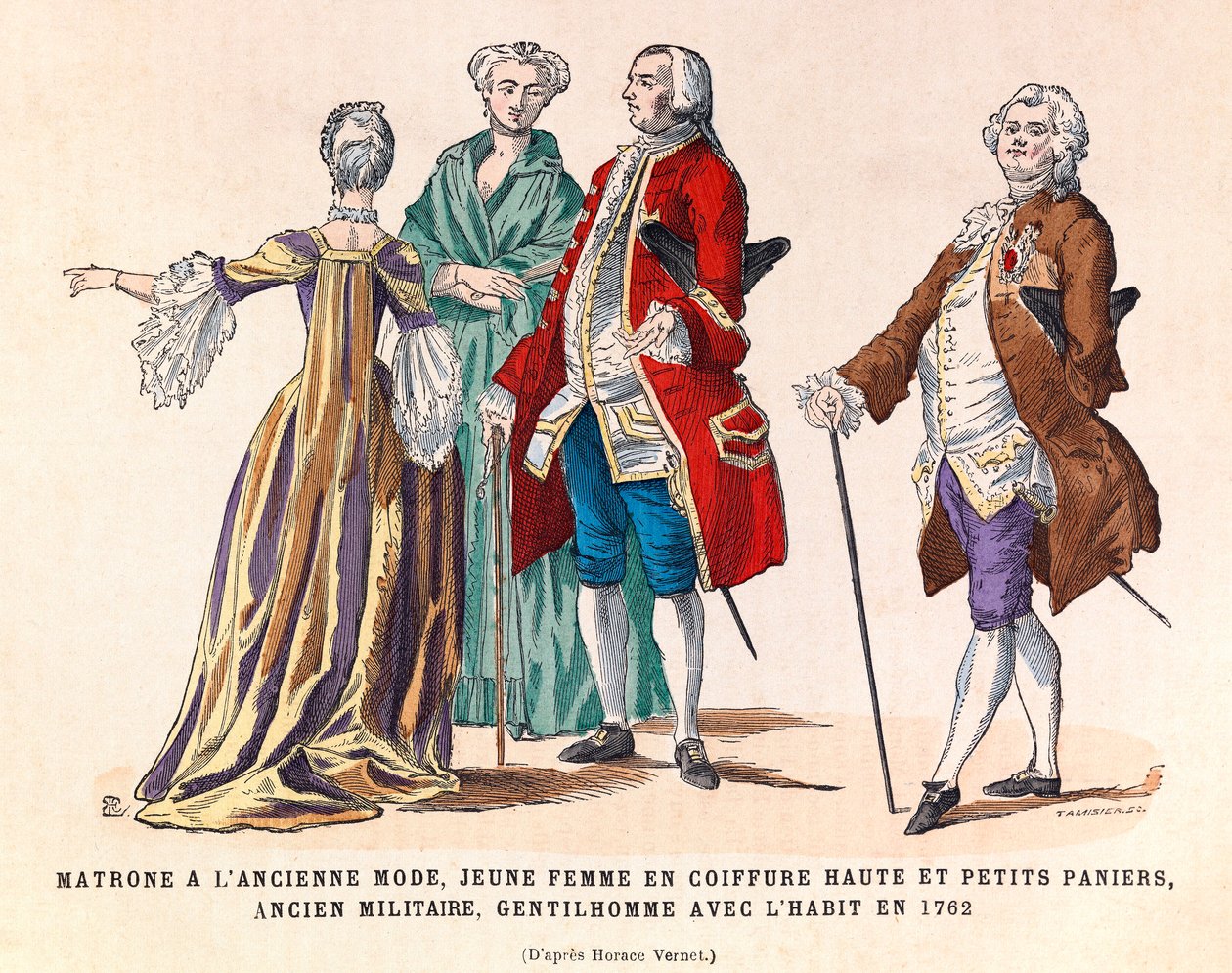 Kostumer af en gammel moderigtig matrone, en ung kvinde i høj frisure og små kurve, en tidligere militærmand og en herre i jakkesæt i 1762 (kong Louis XVs regne) - privat samling af Anonymous Anonymous