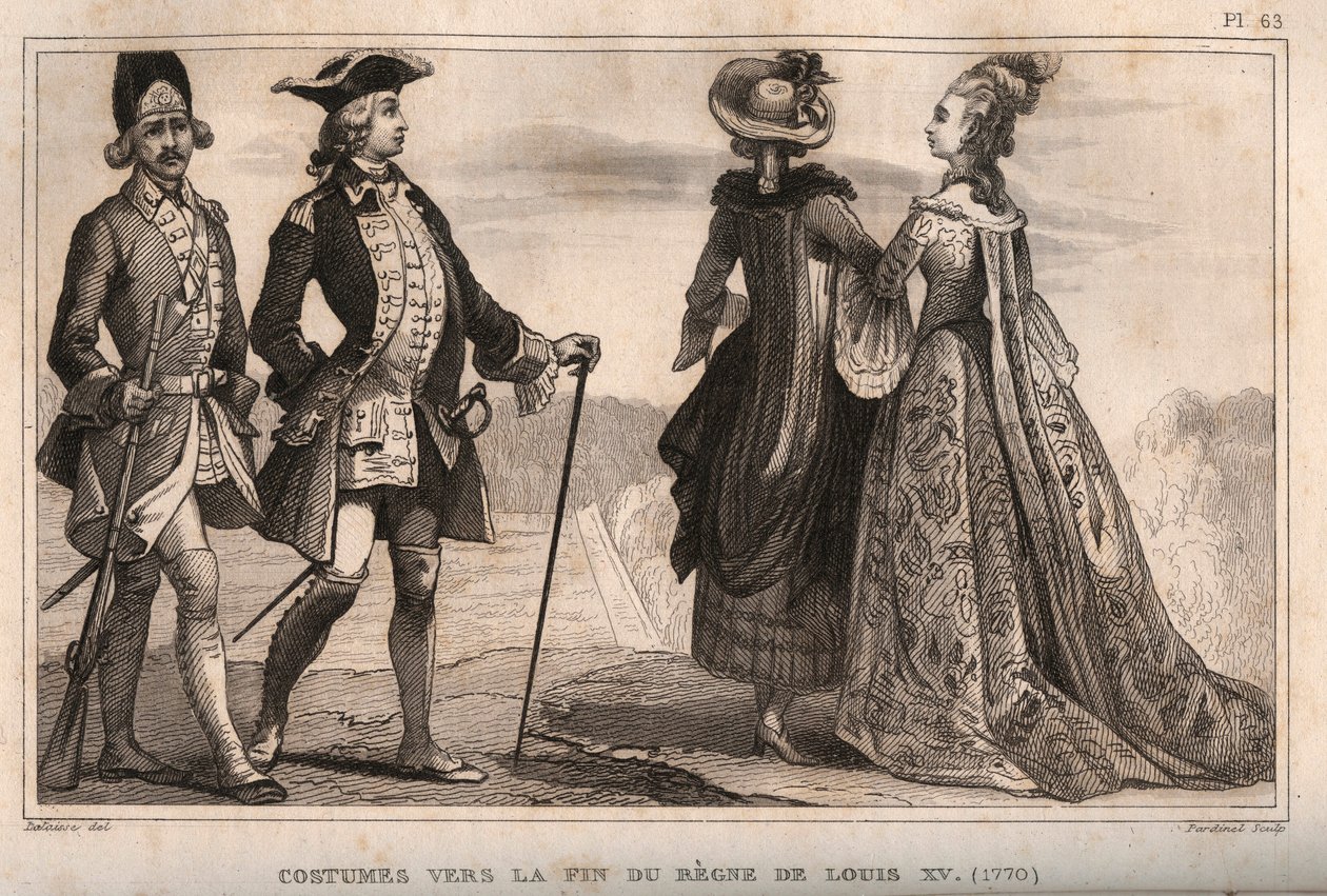 Kostumer mod slutningen af kong Ludvig XVs regeringstid (1770). Stik fra 1859 i "" Le Monde. Alle folkeslags historie fra de fjerneste tider til i dag”. af M. E. de Lostalot-Bachoue (Lostalot Bachoue). Privat samling. af Anonymous Anonymous