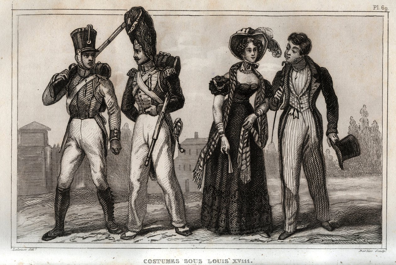 Kostumer under Ludvig XVIII. Stik fra 1859 i "" Le Monde. Alle folkeslags historie fra de fjerneste tider til i dag”. af M. E. de Lostalot-Bachoue (Lostalot Bachoue). Privat samling. af Anonymous Anonymous
