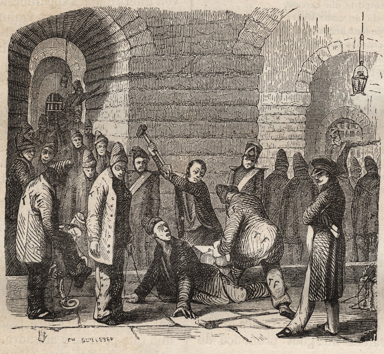 Kobling ved Rochefort bagne i det 19. århundrede. Indgravering i "Fangernes historie fra deres skabelse til i dag"" (1877) af Pierre Zaccone (1817-1895) (Colonia Penale - Straffekoloni). Privat samling. af Anonymous Anonymous