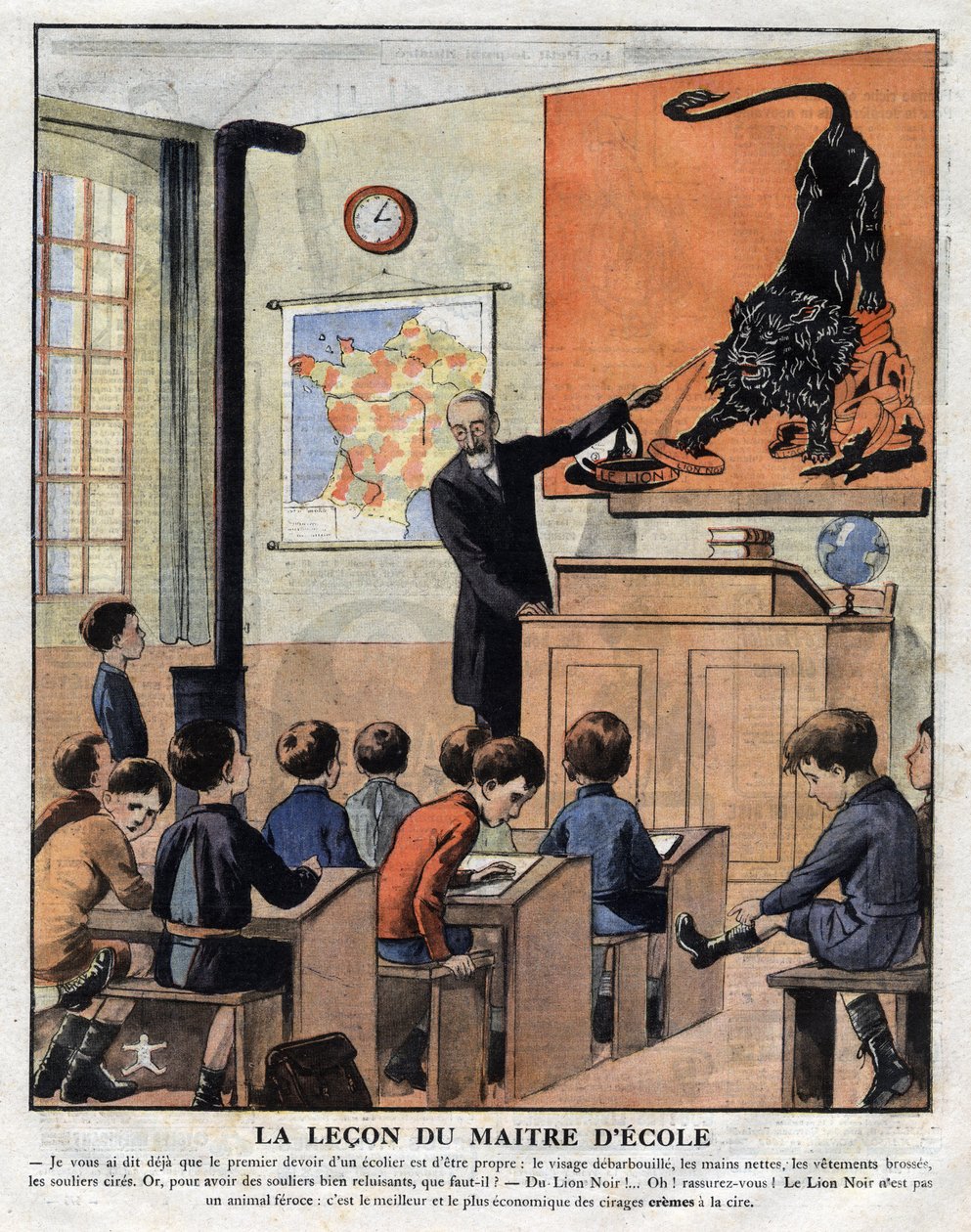 Kurser i god maner i skolen, en lærer lærer skoleelever, hvordan man bruger pudselak til at få sko til at skinne. Annonceillustration fra “” Le petit journal”” fra 29/11/1925 Samling privee af Anonymous Anonymous