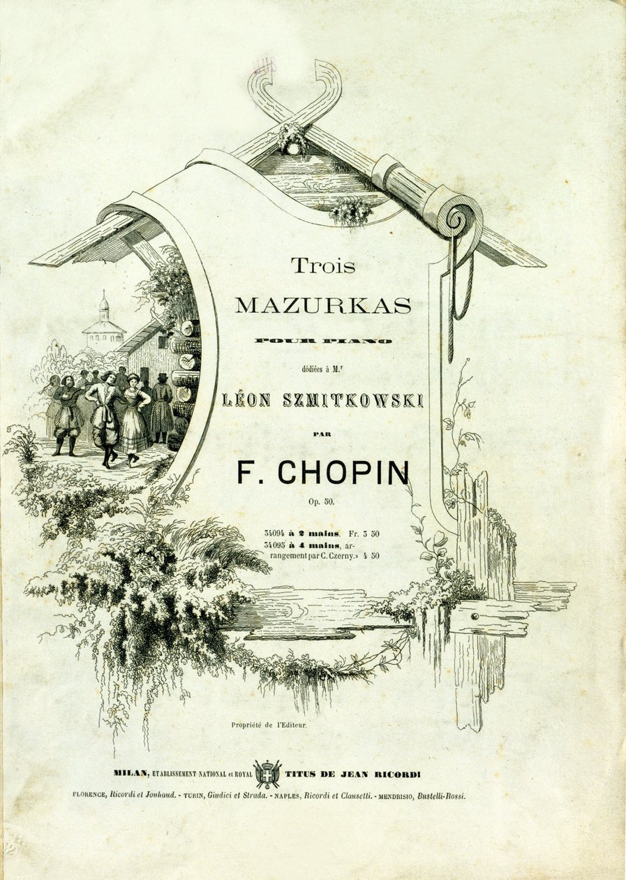 Cover af "Tre mazurkaer for klaver, opus 50"" dedikeret til Leon Szmitkowski komponeret af Frederic Chopin (1810-1849). af Anonymous Anonymous