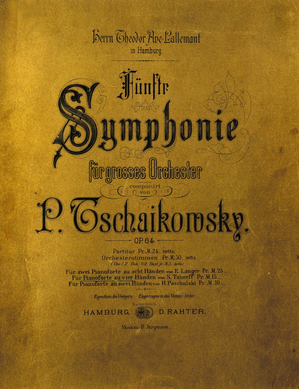 Cover af partituret til Symfoni n. 5 i e-mol opus 64 af Piotr eller Petr Iljitsj Tjajkovskij (eller Tjajkovskij eller Ciajkovskij eller Tjajkovskij af Anonymous Anonymous