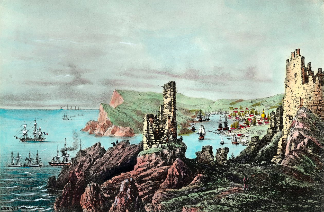 Krim -krig: Udsigt til Balaklava Harbour i Krim. Gravering omkring 1854-1855. Privat samling af Anonymous Anonymous