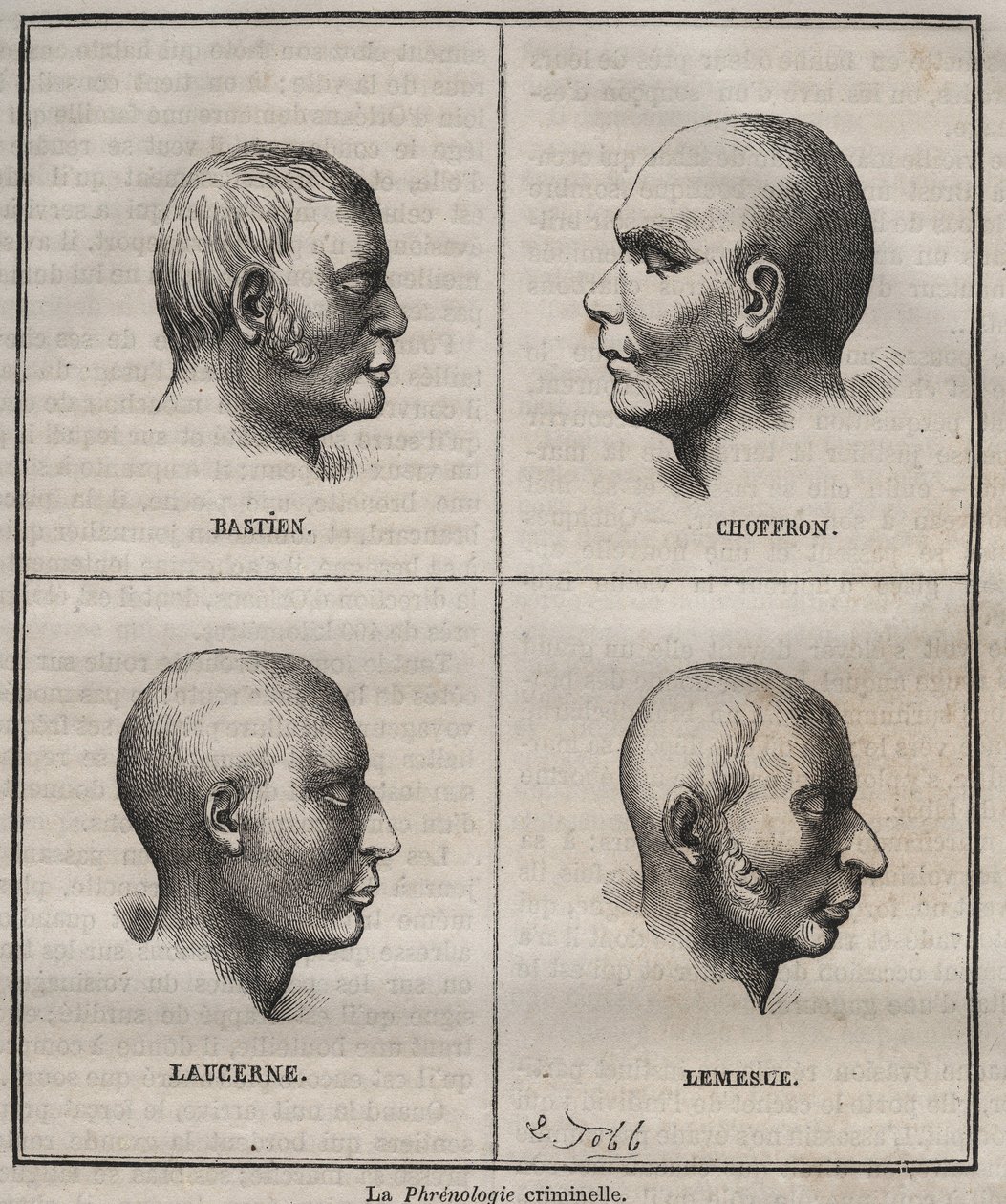 Kriminel frenologi i Brest Bagne (portrætter, der skildrer de fysiske karakteristika af forskellige typer kriminelle). Indgravering i "Fangernes historie fra deres skabelse til i dag" (1877) af Pierre Zaccone (1817-1895) (Colonia Penale - Penal af Anonymous Anonymous