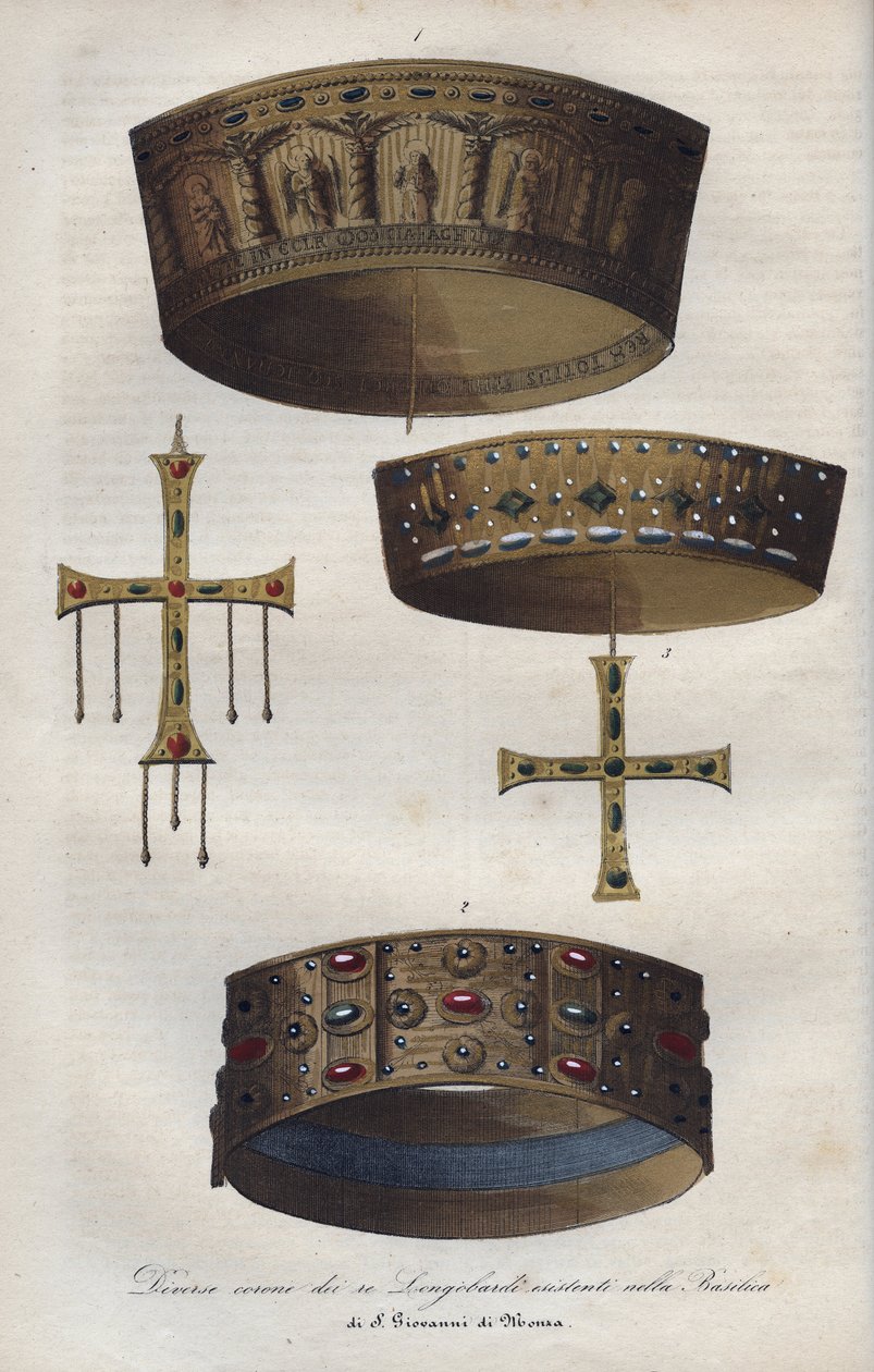 Kroner af suverianerne i det lombardiske kongerige (568-774), bevaret i basilikaen Saint John of Monza - Forskellige kroner af de lombardiske konger bevaret i basilikaen San Giovanni di Monza - gravering fra "" Usi e Costumi di Tutti i i Popoli dell af Anonymous Anonymous