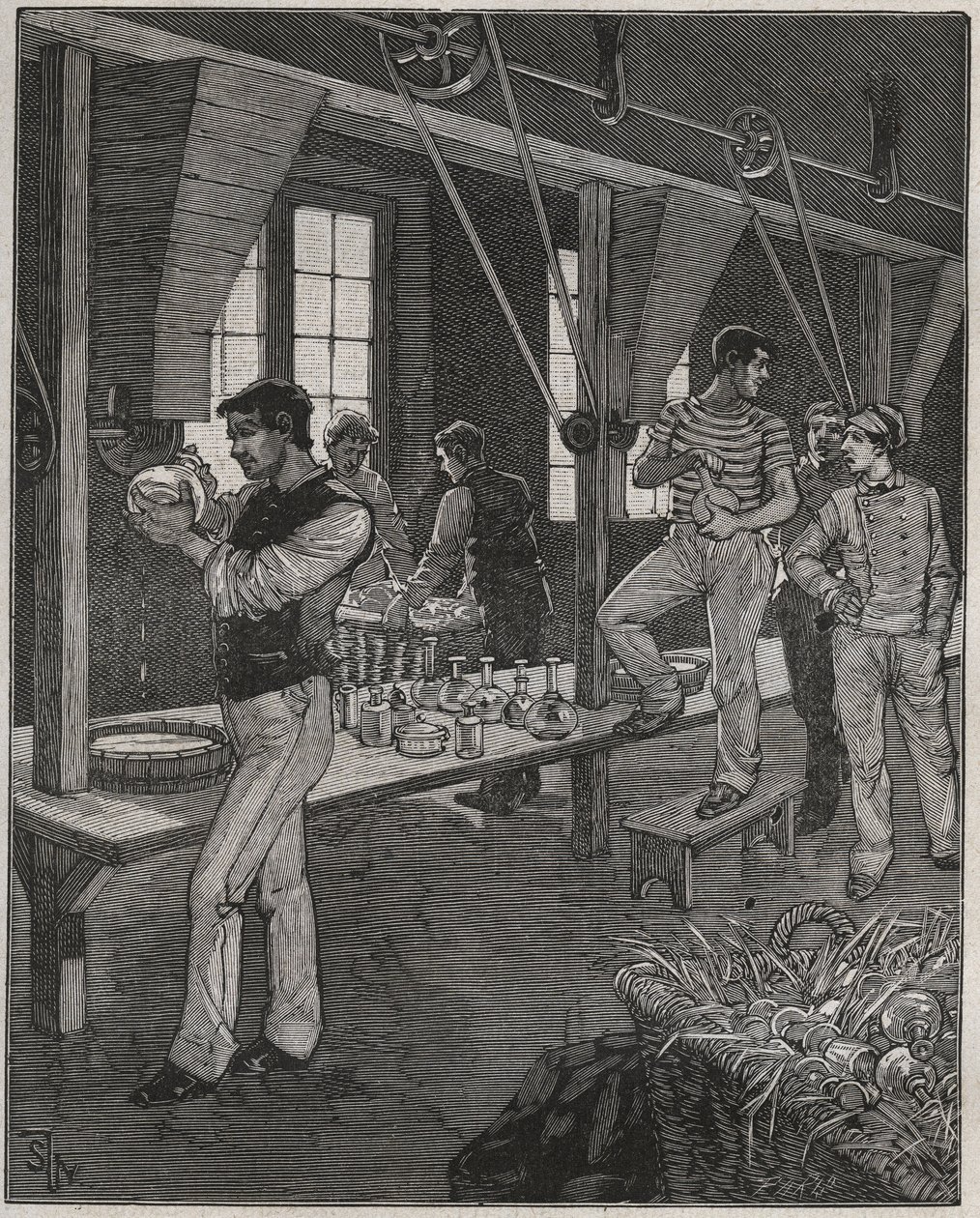 Krystalgraverværksted i Frankrig i det 19. århundrede. Indgravering fra 1885 i "" Les arts et metiers illustres"" af Adolphe BITARD. af Anonymous Anonymous