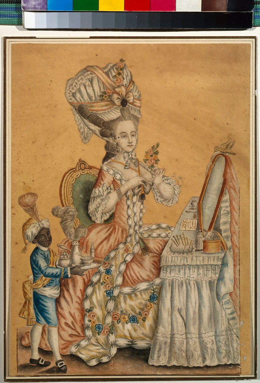 Dame ved et toilet med en sort dreng - Anonymt værk, Akvarel på papir omkring 1770 (29,2 x 21,2 cm) - Tretyakov-statsgalleriet, Moskva af Anonymous Anonymous