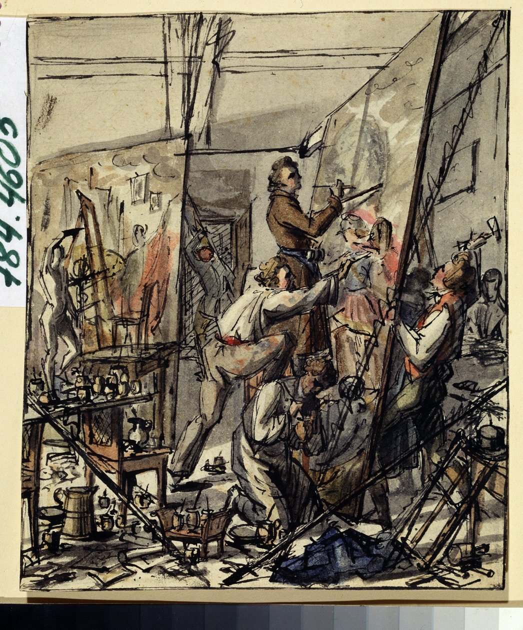 I en kunstners atelier. Anonym tegning. Akvarel og blæk på papir af Anonymous Anonymous
