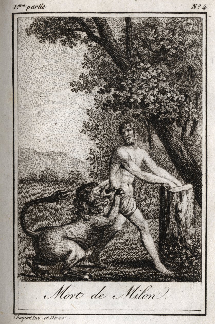 Død af Milon de Crotone (Milo af Croton) fortære af en ulv. Stik fra 1819 i "Lettres a Emilie sur la mythologie" af Charles Albert Demoustier (1760-1801). Privat samling. af Anonymous Anonymous