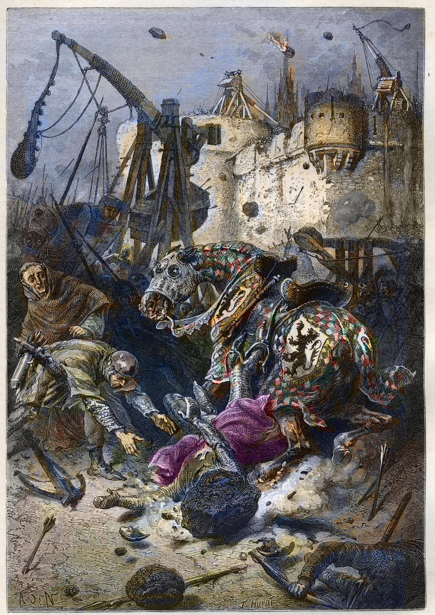 Simon IV af Montforts død (1150-1218) Fransk aristokrat ved sædet i Toulouse i 1218 - Simon de Montforts død under slaget ved Toulouse, 25. juni af Anonymous Anonymous