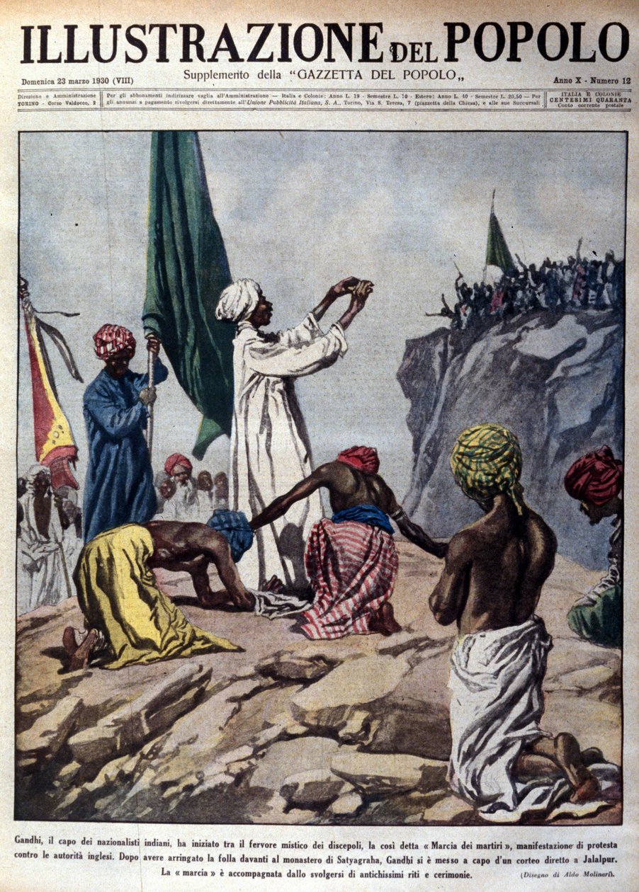 Demonstration ledet af den politiske leder Mohandas Karamchand Gandhi (1869-1948) for at protestere mod de engelske myndigheder, der skildrer en ceremoni under den såkaldte Martyrmarch mod Jalaipur. Illustration taget fra "" L