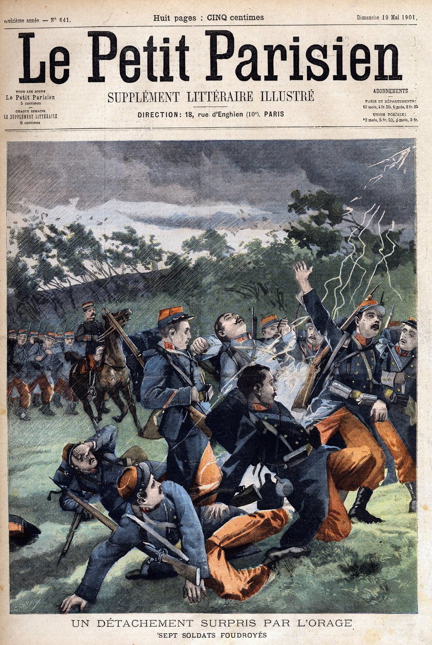 Afdeling af soldater overrasket af stormen: syv soldater vil blive slået, i "" Le Petit Parisien"" den 19/05/1901 (gravering) af Anonymous Anonymous