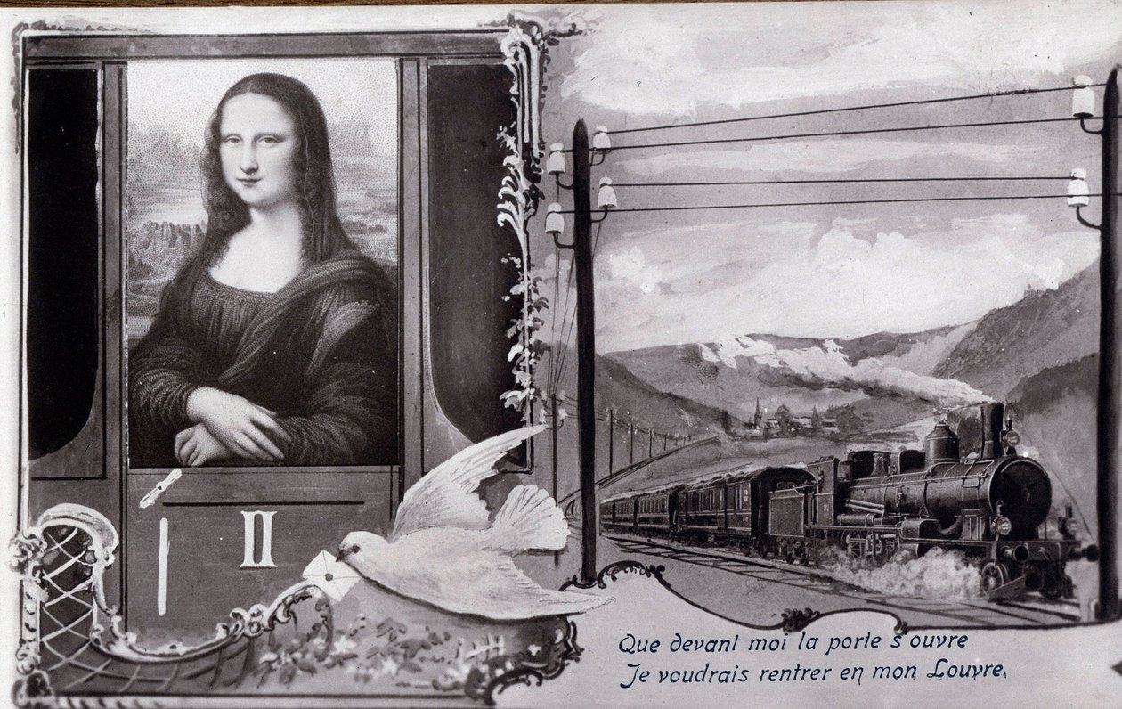 Omvejsrepræsentation af "" Mona Lisa"" (Mona Lisa, Monna Lisa) af Leonard de Vinci (Leonardo da Vinci) (1452-1519):"" Maleriet er repræsenteret på et tog, der ønsker at finde sit museum. Komedie postkort redigeret på tidspunktet for tyveriet af værket af af Anonymous Anonymous