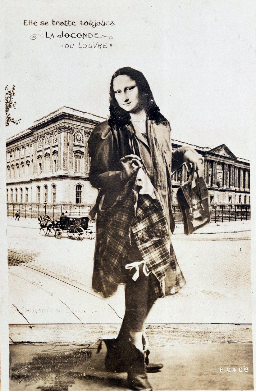 Omvejsrepræsentation af "The Mona Lisa" af Leonard de Vinci (Leonardo da Vinci) (1452-1519): Mona Lisa (Monna Lisa) repræsenteret i en plaid nederdel, der rejser rundt i verden. Komedie-postkort redigeret på tidspunktet for tyveri af værket af Vincenzo Per af Anonymous Anonymous