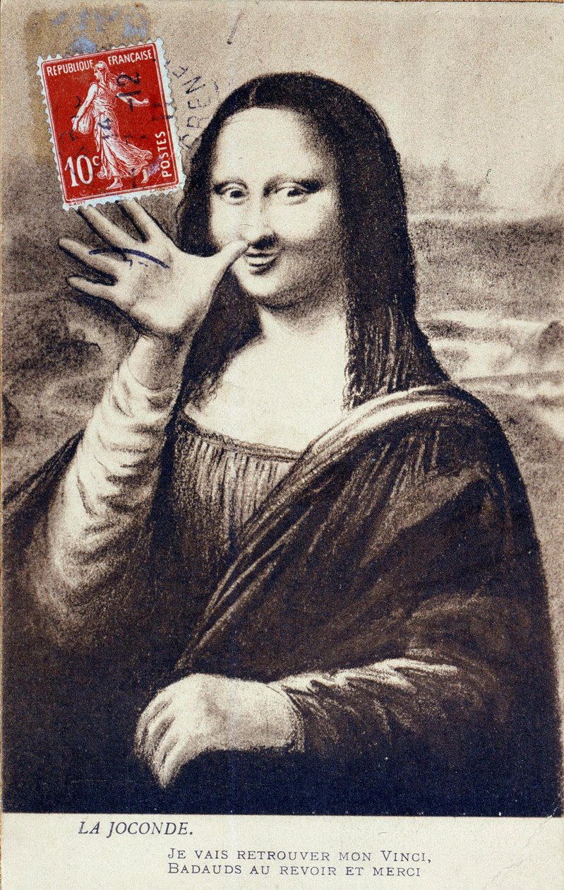 Omvejsrepræsentation af "" The Mona Lisa"" af Leonardo da Vinci (Leonardo da Vinci) (1452-1519): Mona Lisa (Monna Lisa) hilsen for at markere sin afgang for at finde hendes "" Vinci"". Komediepostkort redigeret på tidspunktet for tyveri af værket af Vincen af Anonymous Anonymous