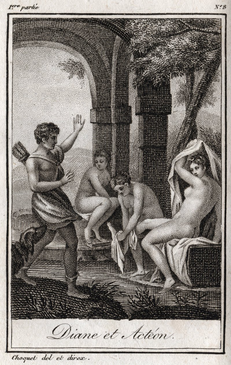 Diane og Acteon (Diana og Actaeon) Diane overraskede i badet af jægeren Acteon. Stik fra 1819 i "Lettres a Emilie sur la mythologie" af Charles Albert Demoustier (1760-1801). Privat samling. af Anonymous Anonymous
