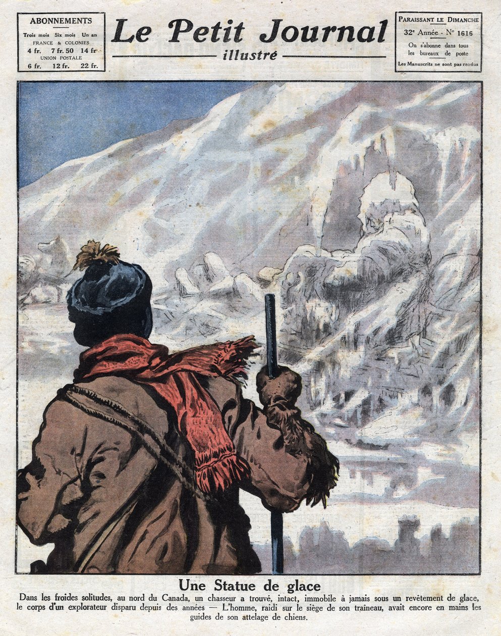 Opdaget fra kroppen af en opdagelsesrejsende i isen i Canada, forsvundet i årevis. Illustration taget fra “” Le petit journal”” fra 11/12/1921 Samling privee af Anonymous Anonymous