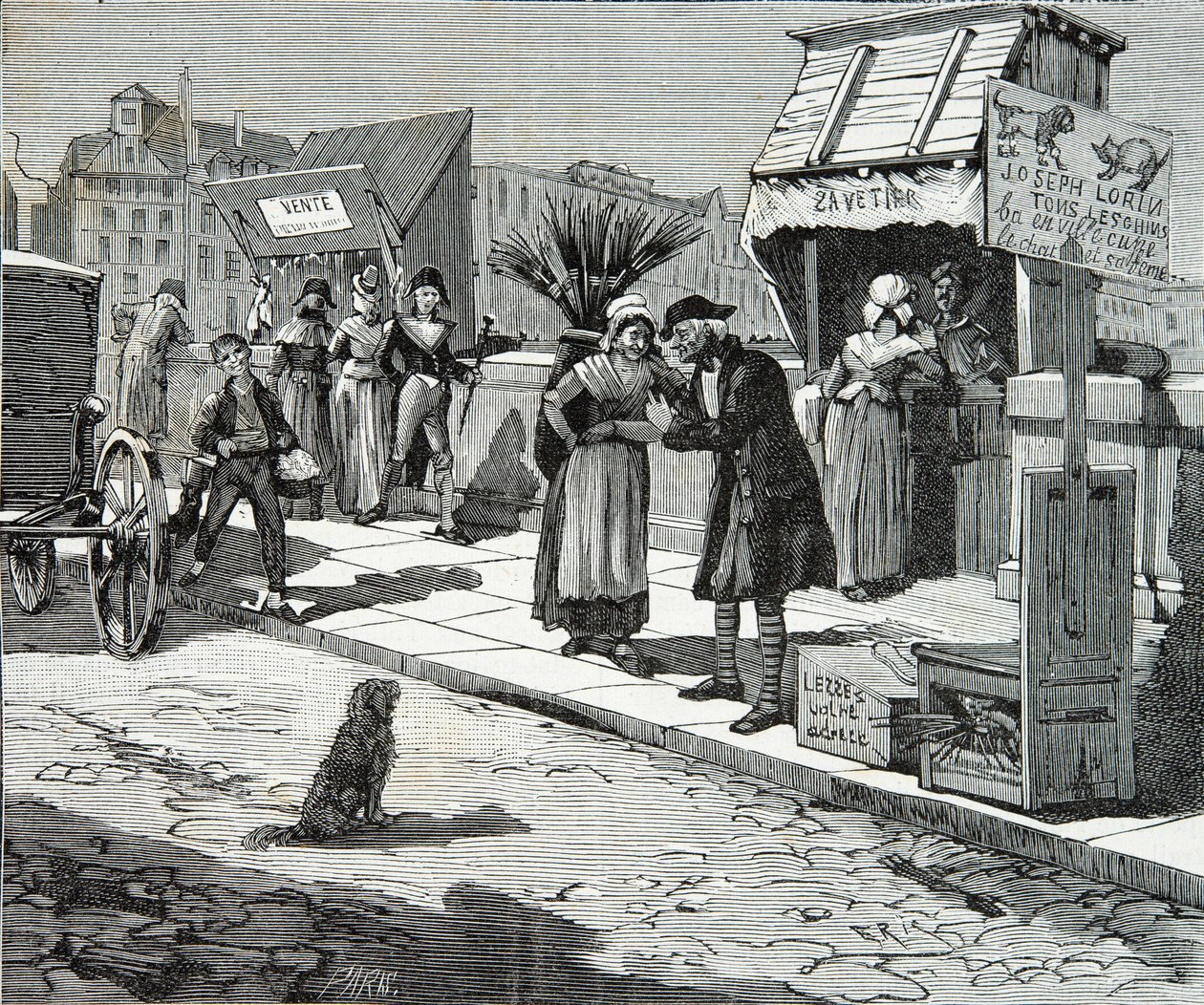 Hundetrimmere på broen ni i Paris omkring 1796, gravering, privat samling af Anonymous Anonymous