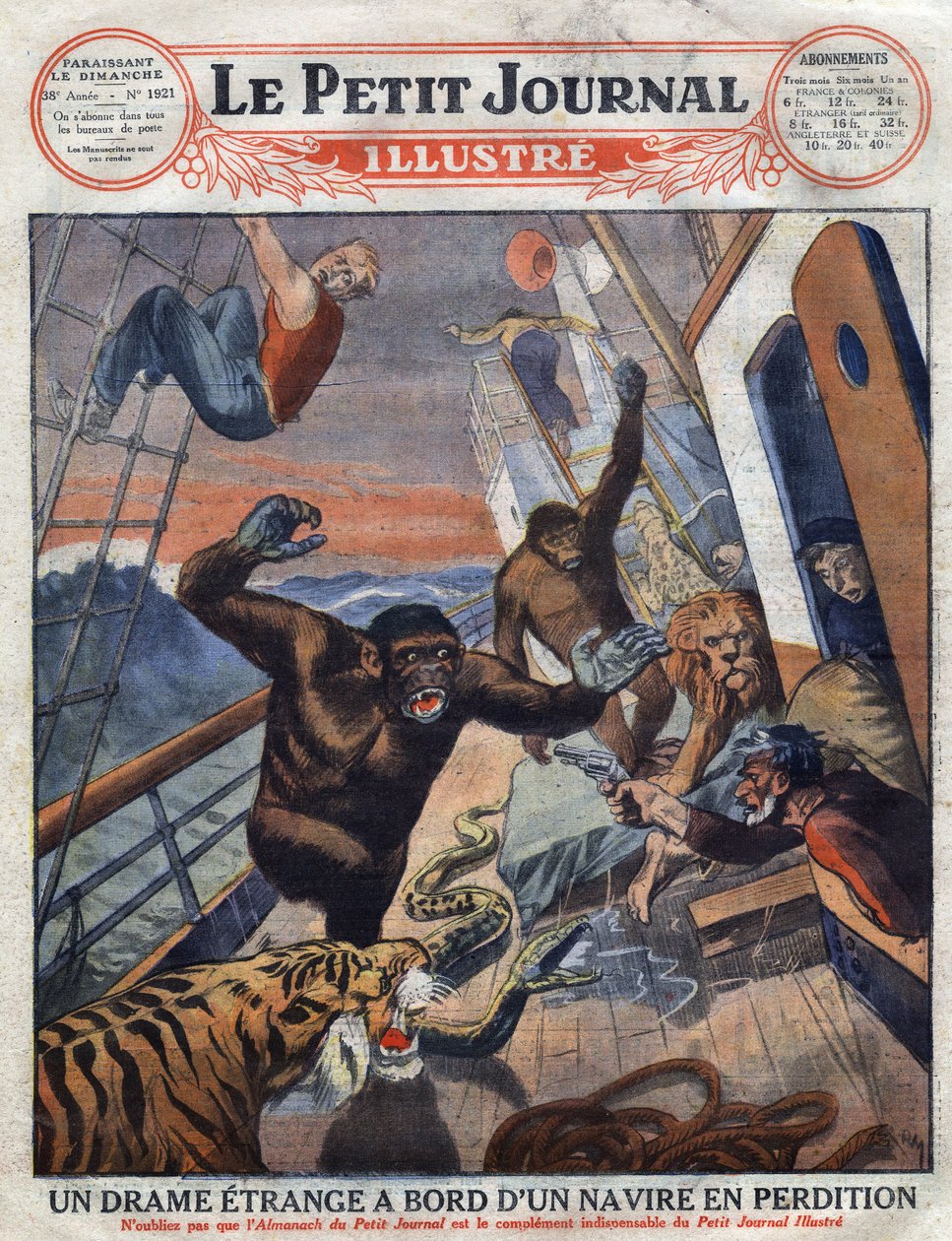 Drama om det franske linjeskib "" Saint Etienne"": gorillaer, tiger, løve og slange bestemt til engelske zoologiske haver flygtede fra deres bur og angreb besætningsmedlemmerne. "" Gravering. En af "The Little Journal Illustrates" af Anonymous Anonymous