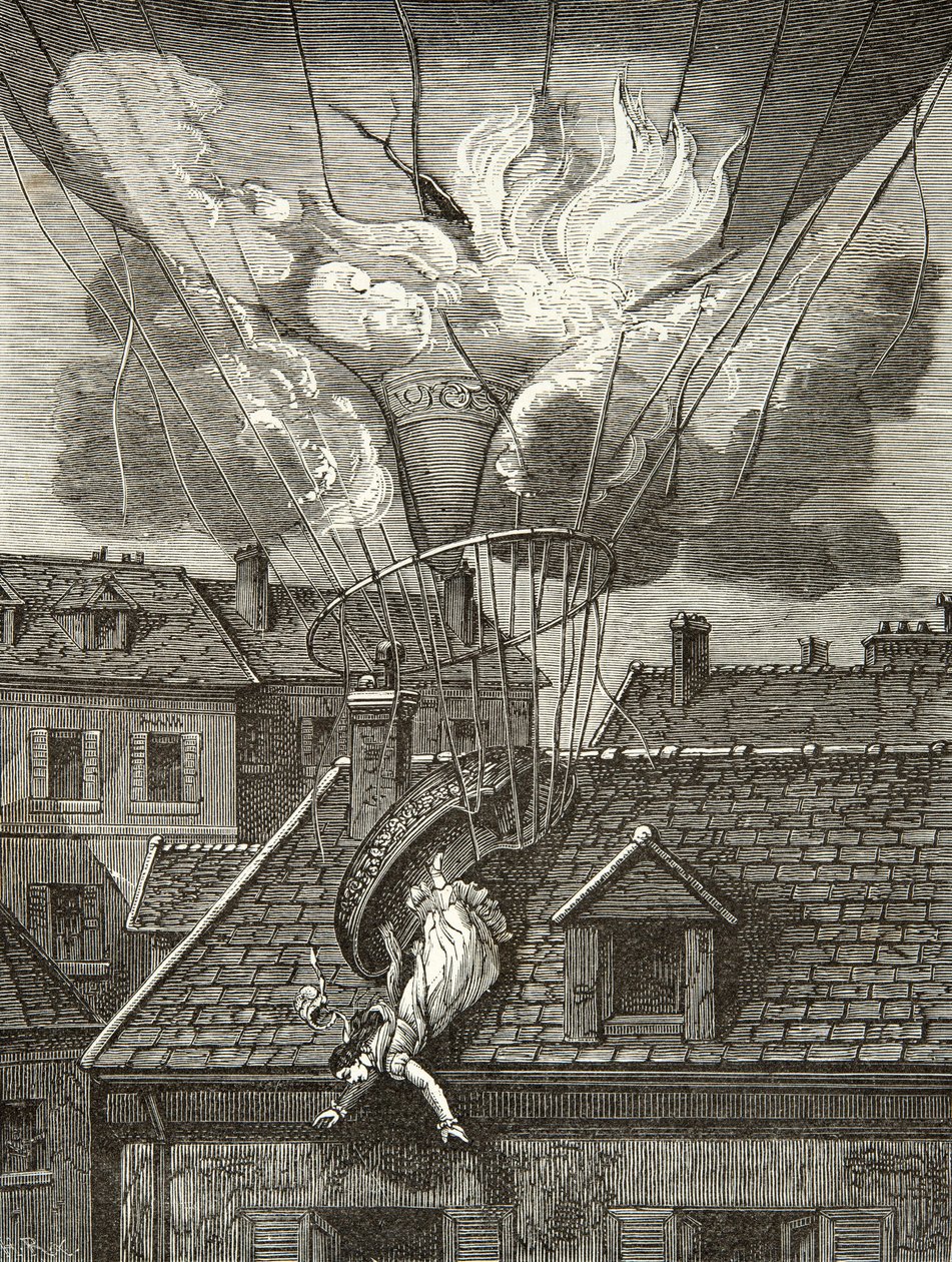 Dramatisk død af Madame Sophie Blanchard (1778-1819), aeronaute den 6. juli 1819 over Tivolis haver i Paris, gravering, privat samling af Anonymous Anonymous