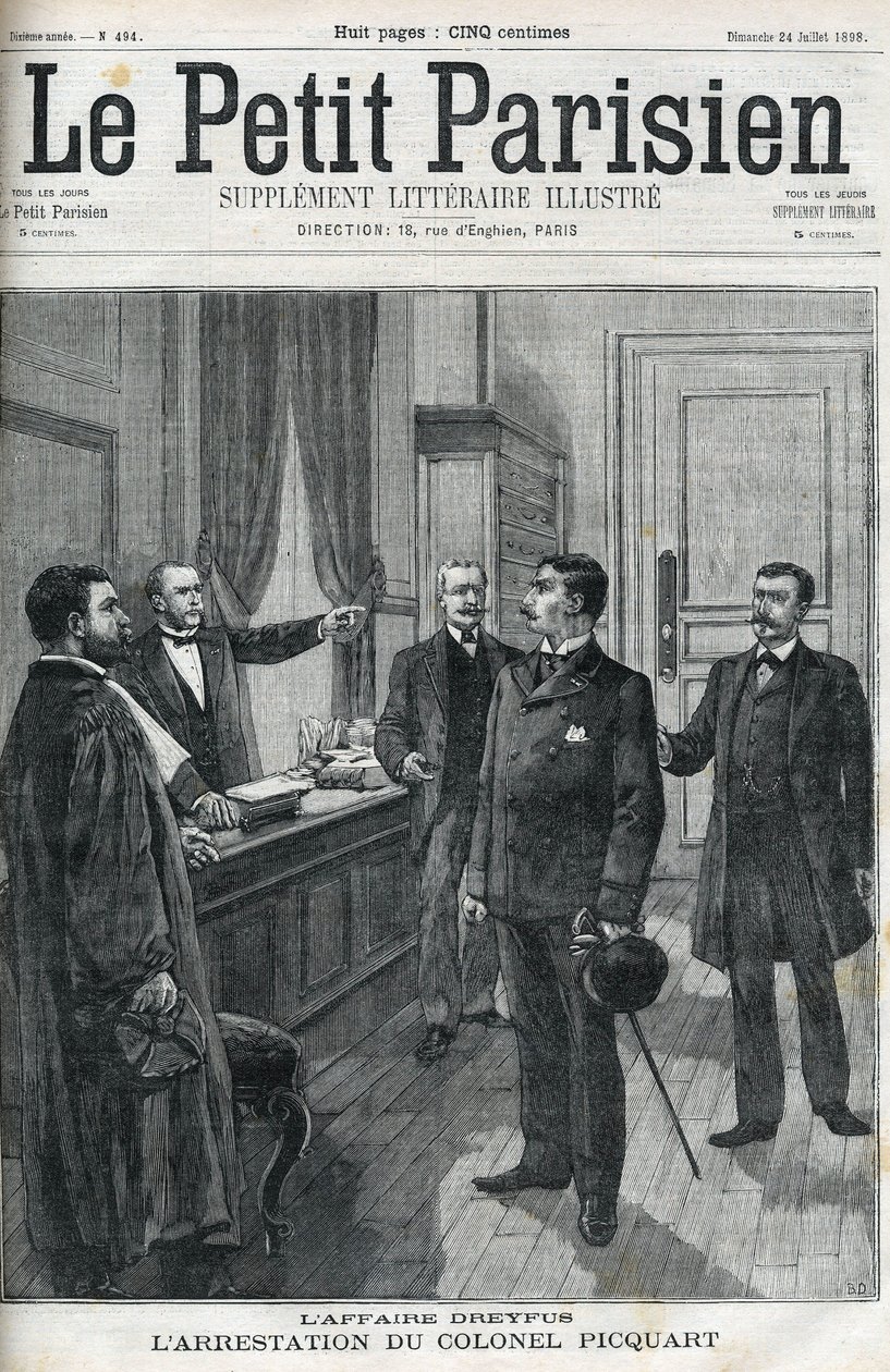 Dreyfus-sagen, i 1898, arrestationen af oberstløjtnant Georges Picquart (1854-1914). I "le petit Parisien" fra 1898. af Anonymous Anonymous