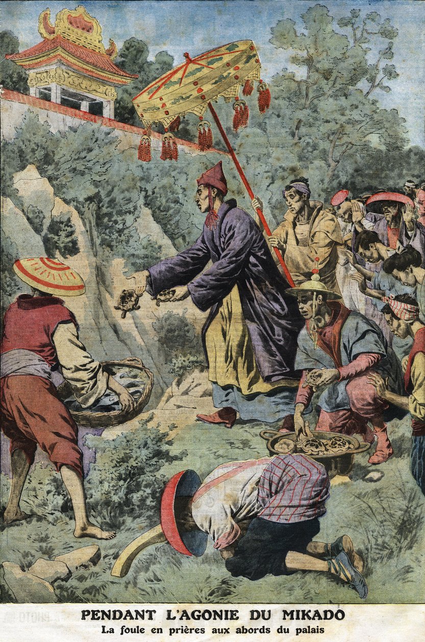 Under Mikado (kejser af Japan) Meiji (1852-1912) lidelser: folkemængden i bønner nær paladset. Indgravering i "" Le petit Journal"", den 11/08/1912. Privat samling. af Anonymous Anonymous