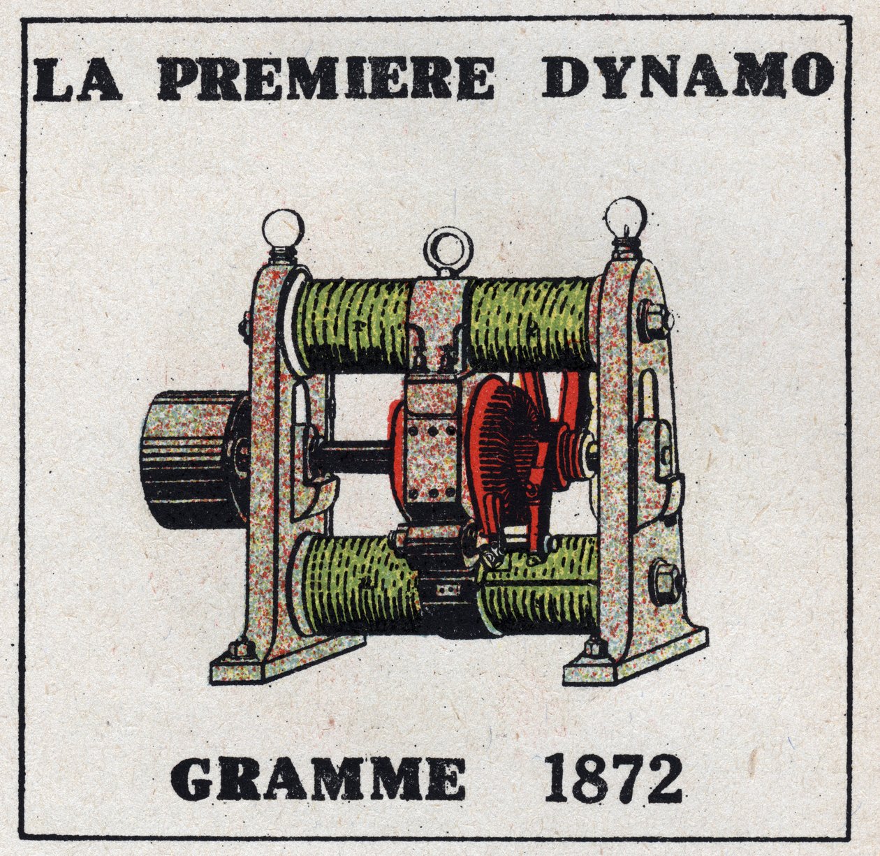 Dynamo: den første dynamo opfundet af Zenobe Theophile Gram (1826-1901) i 1872. Anonym illustration fra 1925. Privat samling. af Anonymous Anonymous