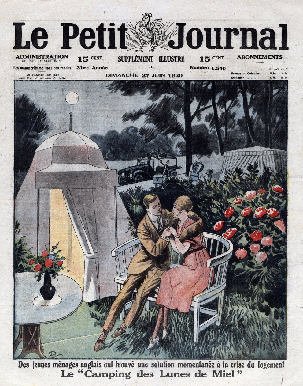 Økonomi og inflation i England: Ægtepar på en bryllupsrejsecampingplads, der blev oprettet nær London for at reagere på boligkrisen. Forside til "" Le petit journal""" af 27/06/1920. Privat samling af Anonymous Anonymous