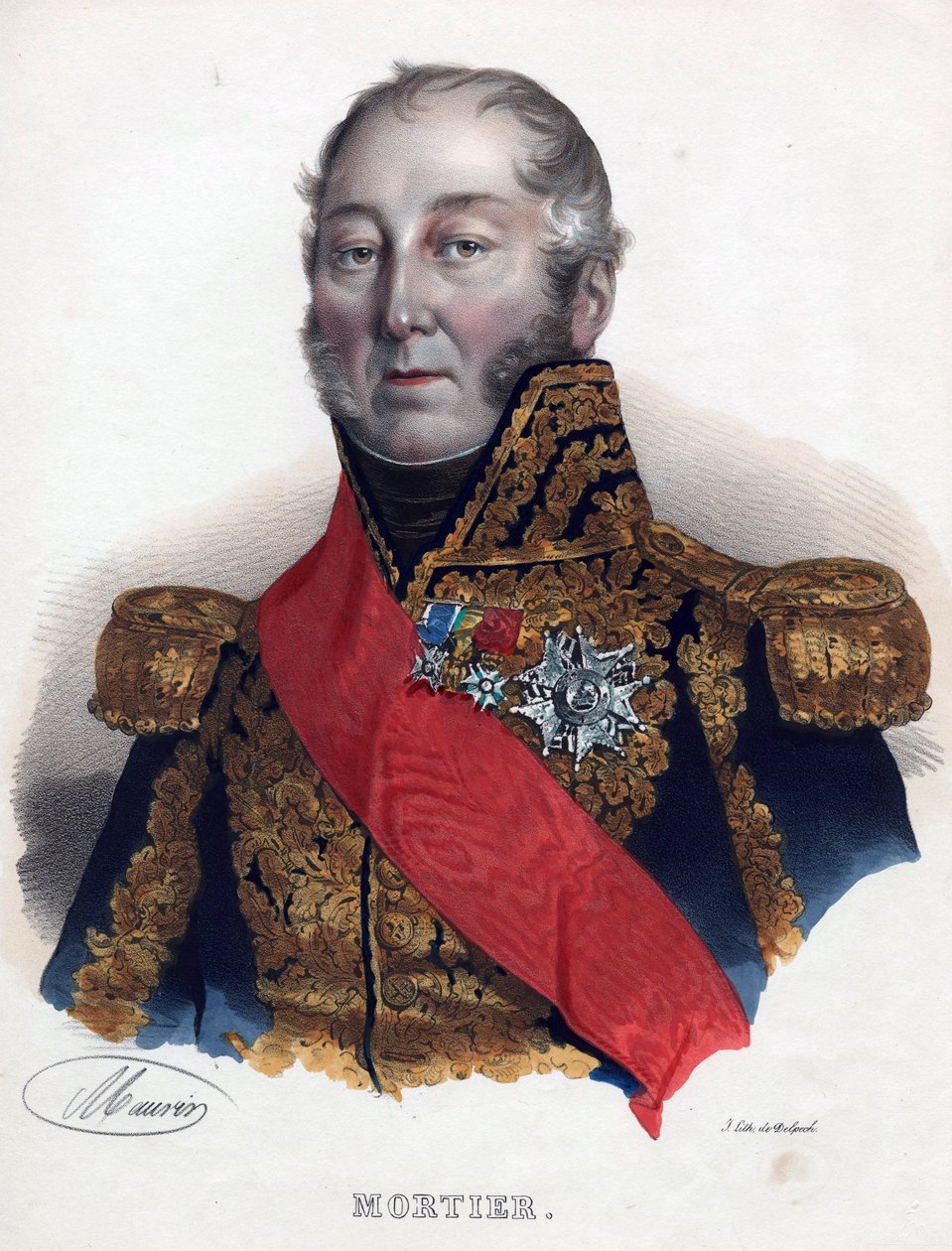Edouard Adolphe Mortier (1768-1835), marskal af Frankrig - Anonym - 1835 - Litografi, akvarel - 32x24 - Privat samling af Anonymous Anonymous